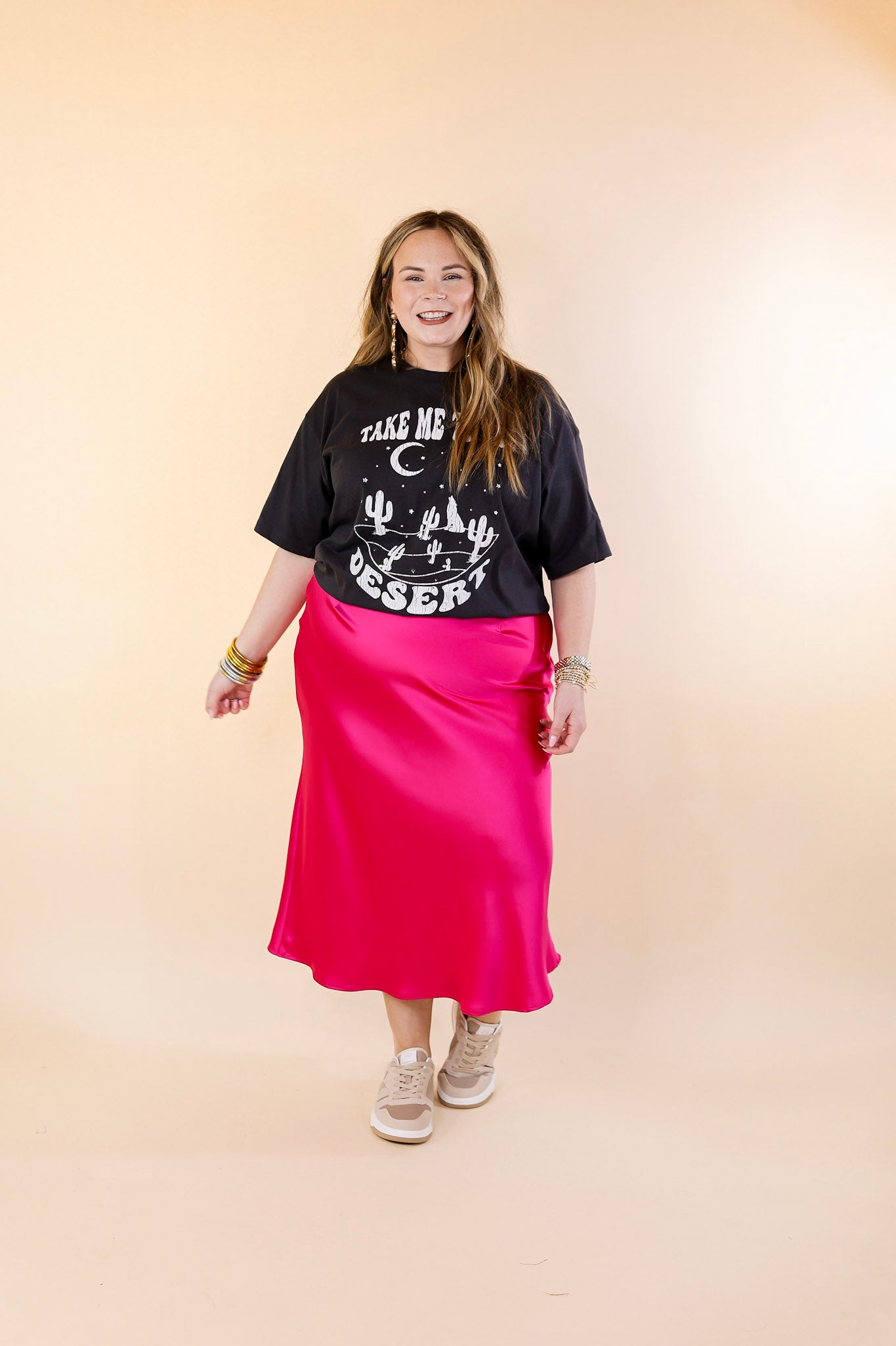 Bubbly And Blissful Satin Midi Skirt in Fuchsia Pink