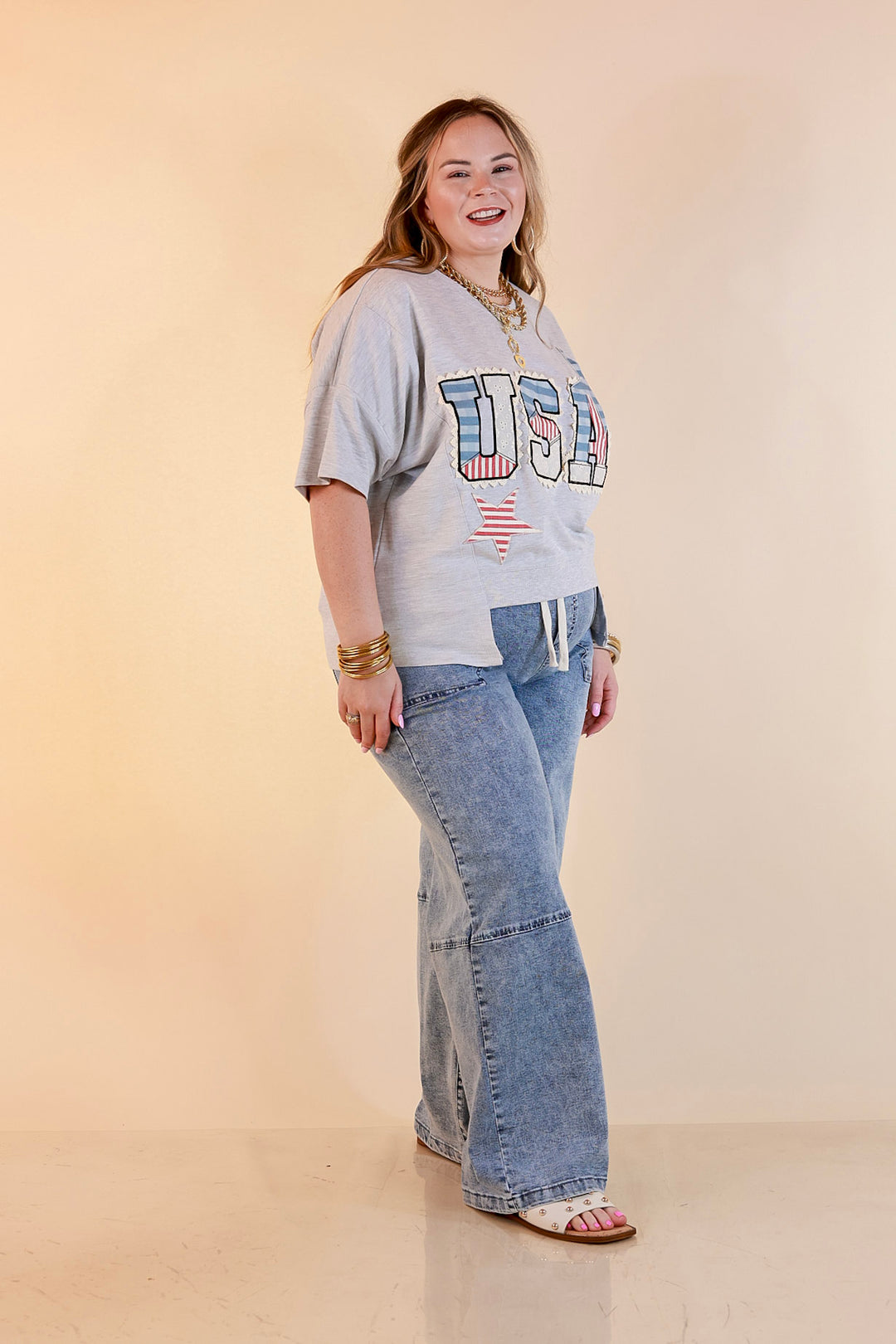 Simply Southern | All American Charm Lace Trim USA Patchwork Split Hem Graphic Tee in Heather Grey