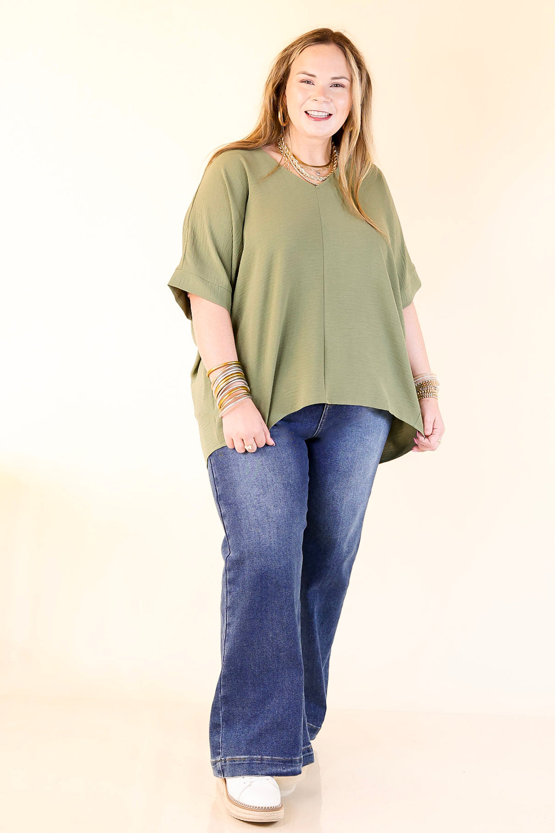 Classically Chic Short Sleeve V Neck Top in Olive Green