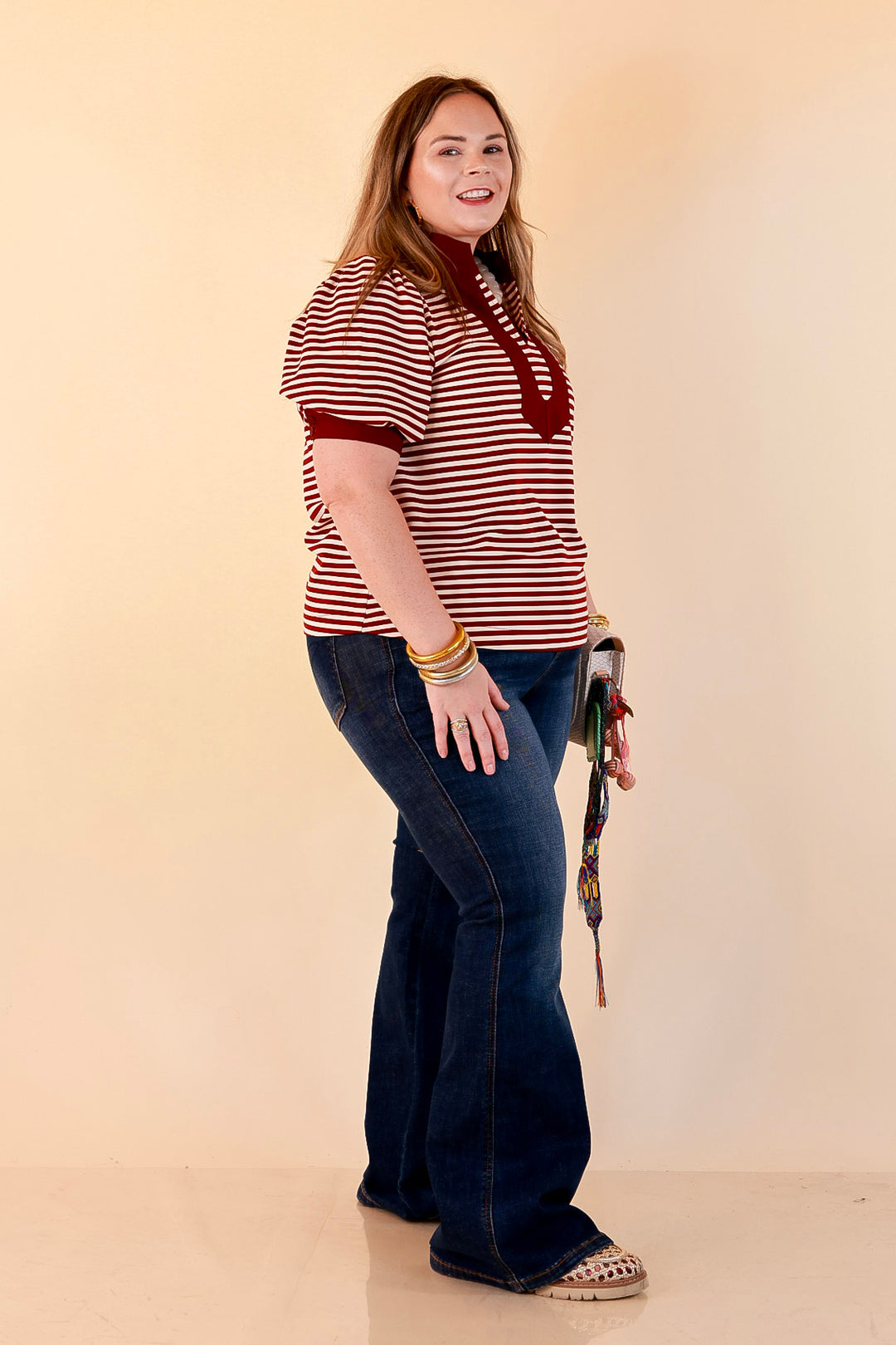 Confidently Yours Short Sleeve Contrast Trim Striped Top in Maroon and Cream