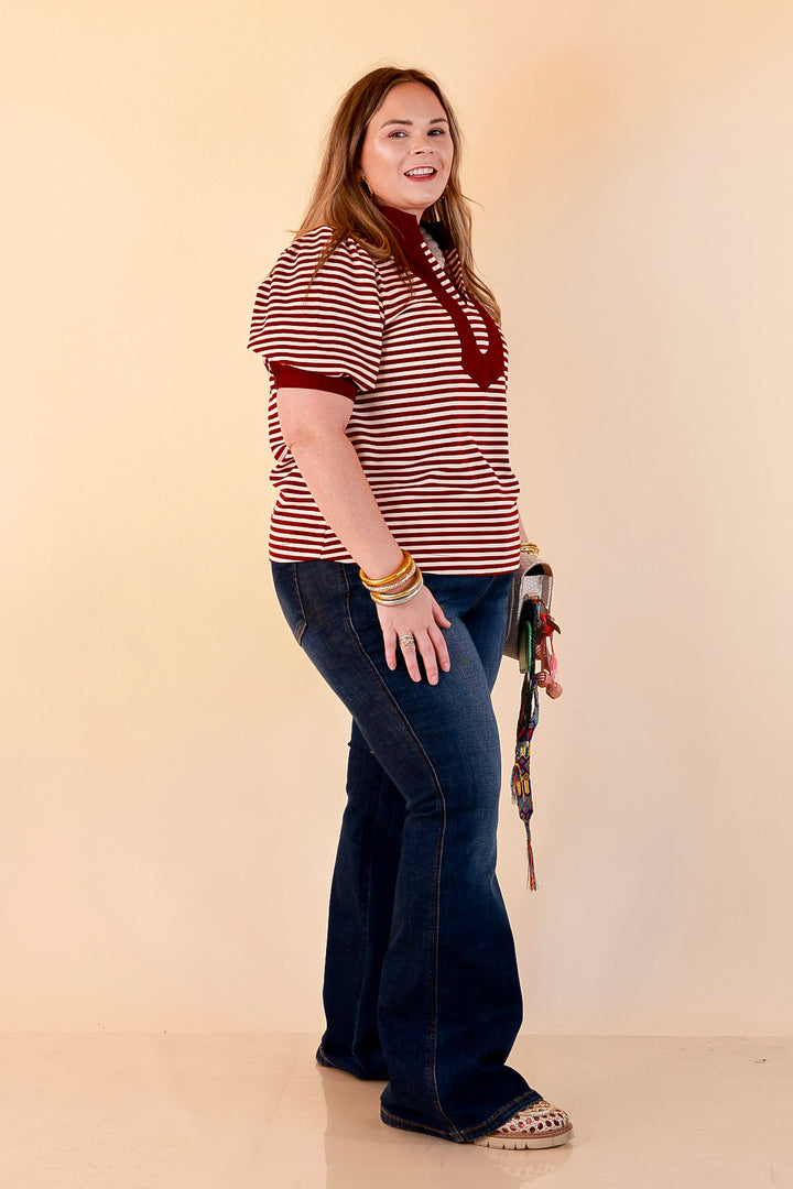 Confidently Yours Short Sleeve Contrast Trim Striped Top in Maroon and Cream