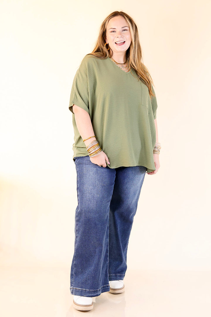 Try To Resist Short Sleeve V Neck Top with Front Pocket in Olive Green