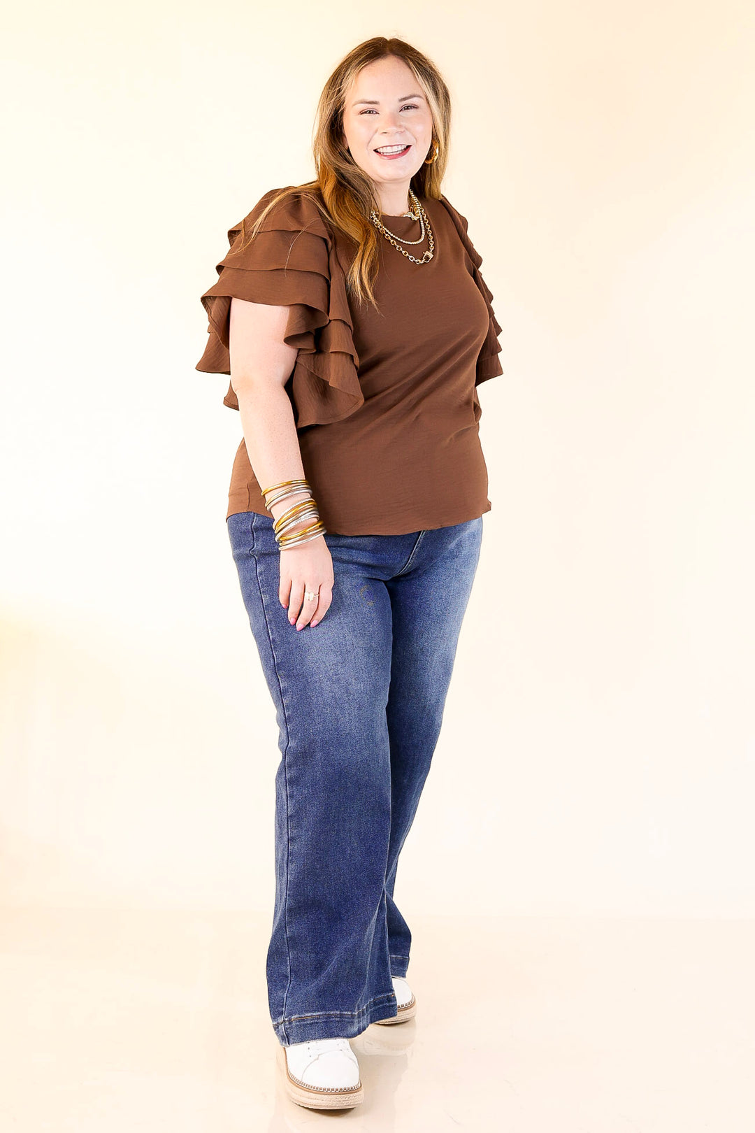 Turning Heads Multi-Tiered Ruffle Cap Sleeve Top in Chocolate Brown