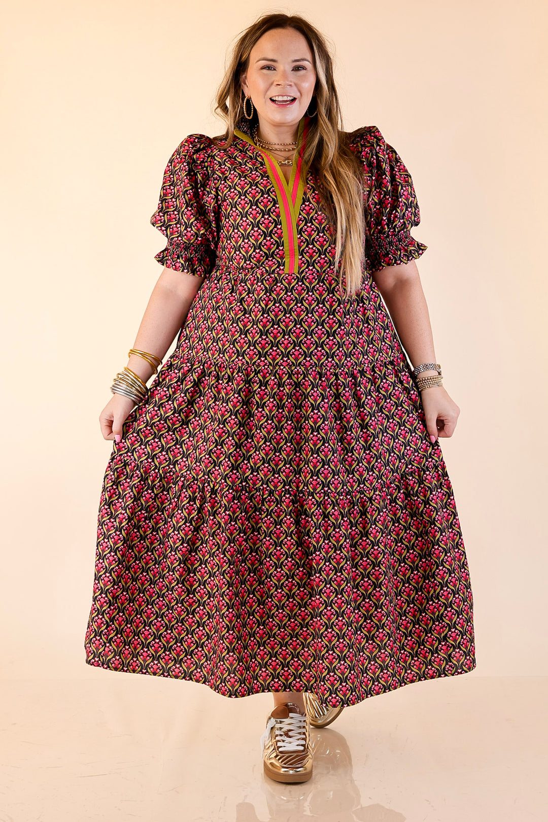 Vibrant Vision Floral Print Maxi Dress with Puff Sleeves and Contrast Trim in Black