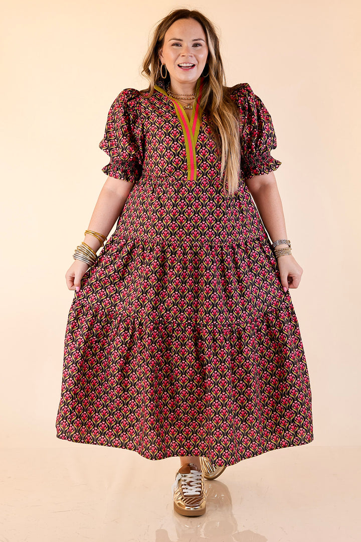 Vibrant Vision Floral Print Maxi Dress with Puff Sleeves and Contrast Trim in Black