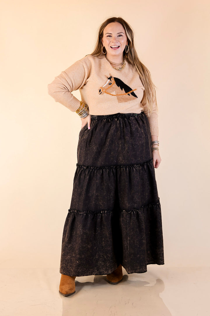 Boho Bliss Acid Wash Tiered Ruffle Maxi Skirt in Ash Black