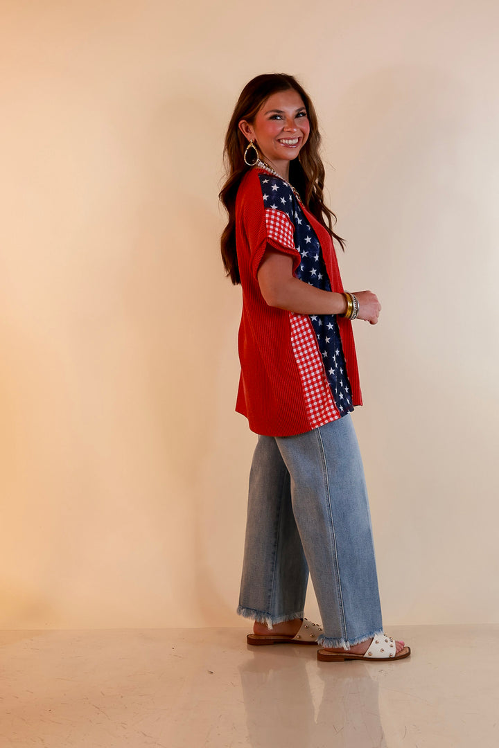 Make Your Mark Ribbed Scoop Neck Mixed Print Short Sleeve Top with Star and Gingham Detailing in Red