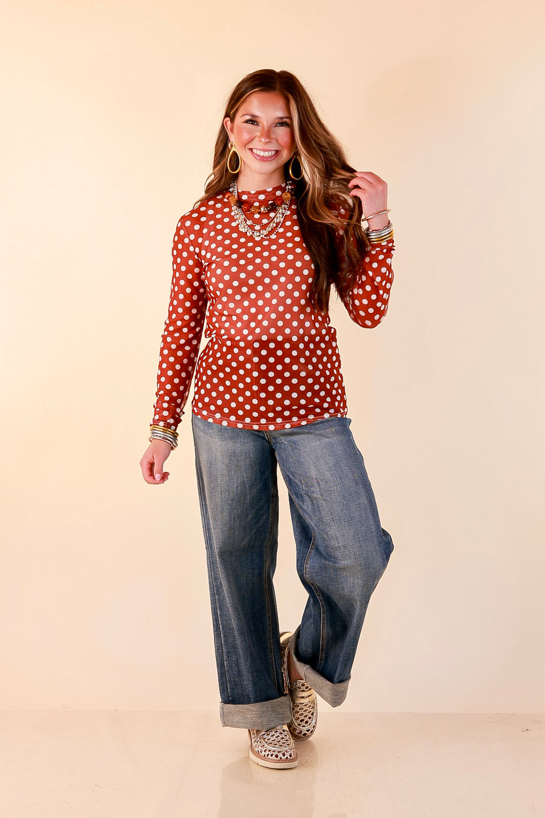 The Perfect Layer White Polka Dot Print Sheer Mesh Long Sleeve Top in Rust Orange
