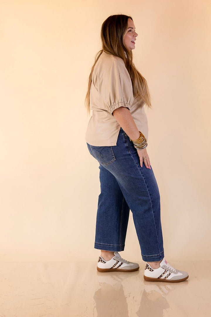 Effortlessly Cool Faux Leather Top with Short Balloon Sleeves in Ivory