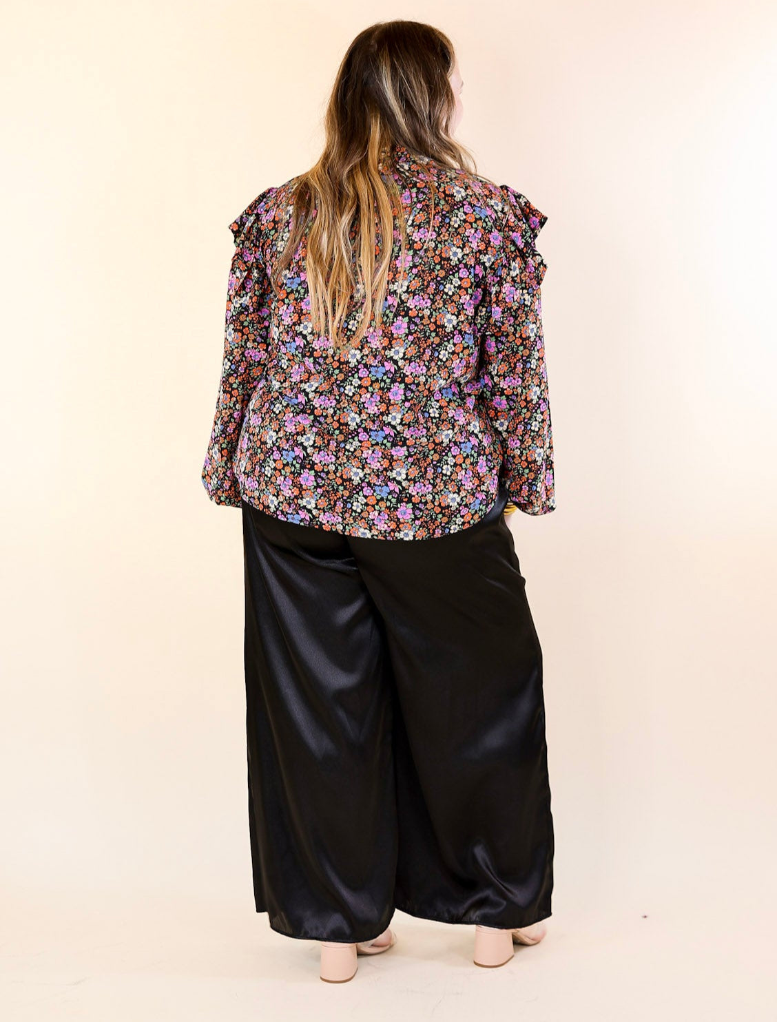 Dare To Dazzle Wide Leg Satin Pants with Waist Tie in Black