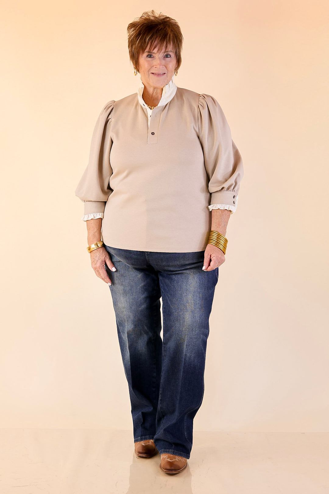 Refined Edge Puff 3/4 Sleeve Top with Collar Detailing in Sand