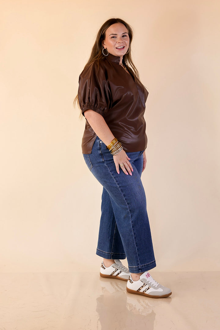 Effortlessly Cool Faux Leather Top with Short Balloon Sleeves in Chocolate Brown