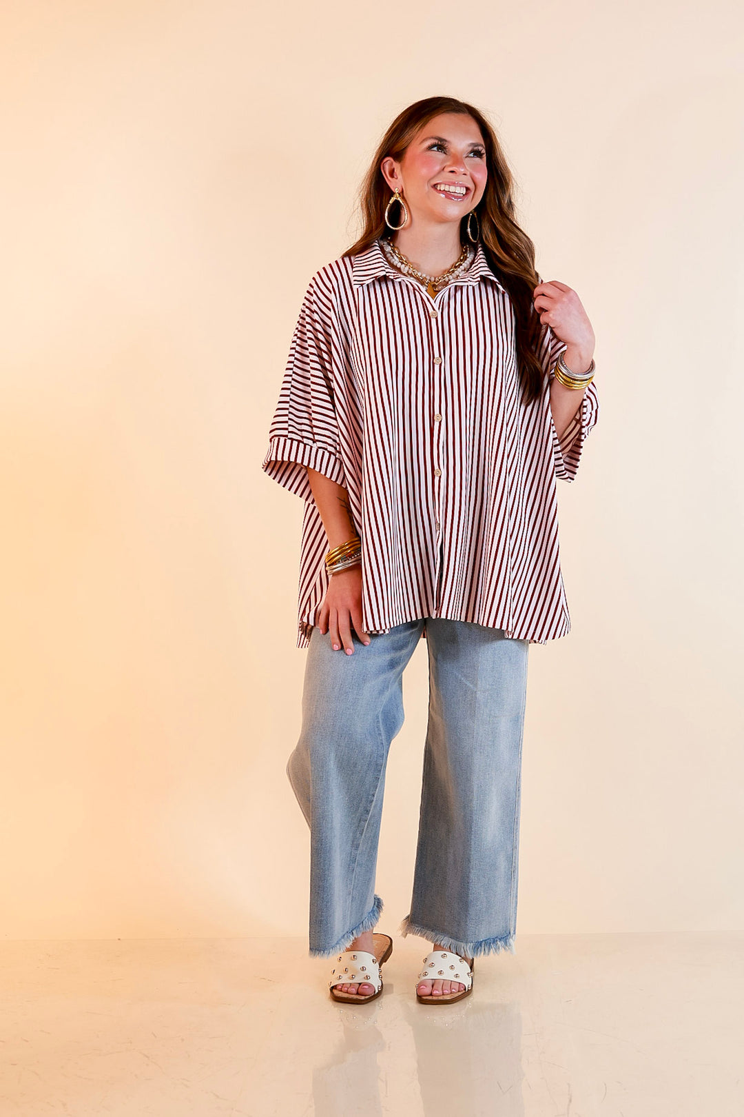 Effortlessly Aligned Button Down Collared Top with Vertical Ivory Stripe Detail in Maroon