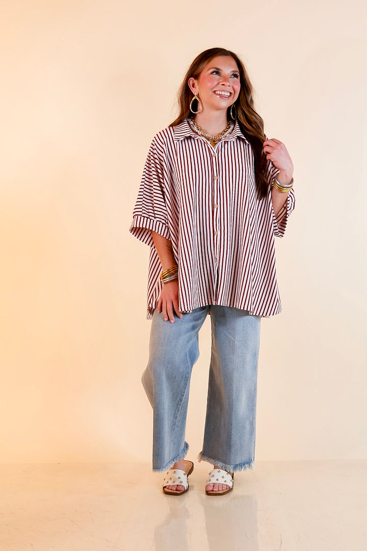 Effortlessly Aligned Button Down Collared Top with Vertical Ivory Stripe Detail in Maroon