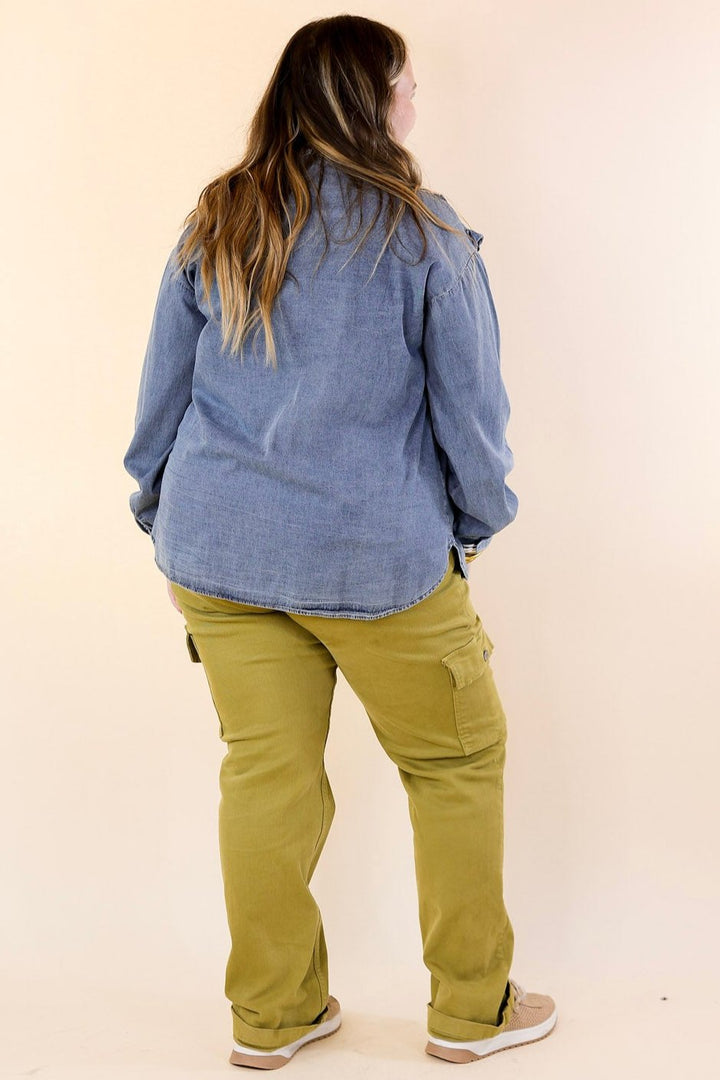 Attention To Detail Button Up Collared Denim Top with Ruffle Detail