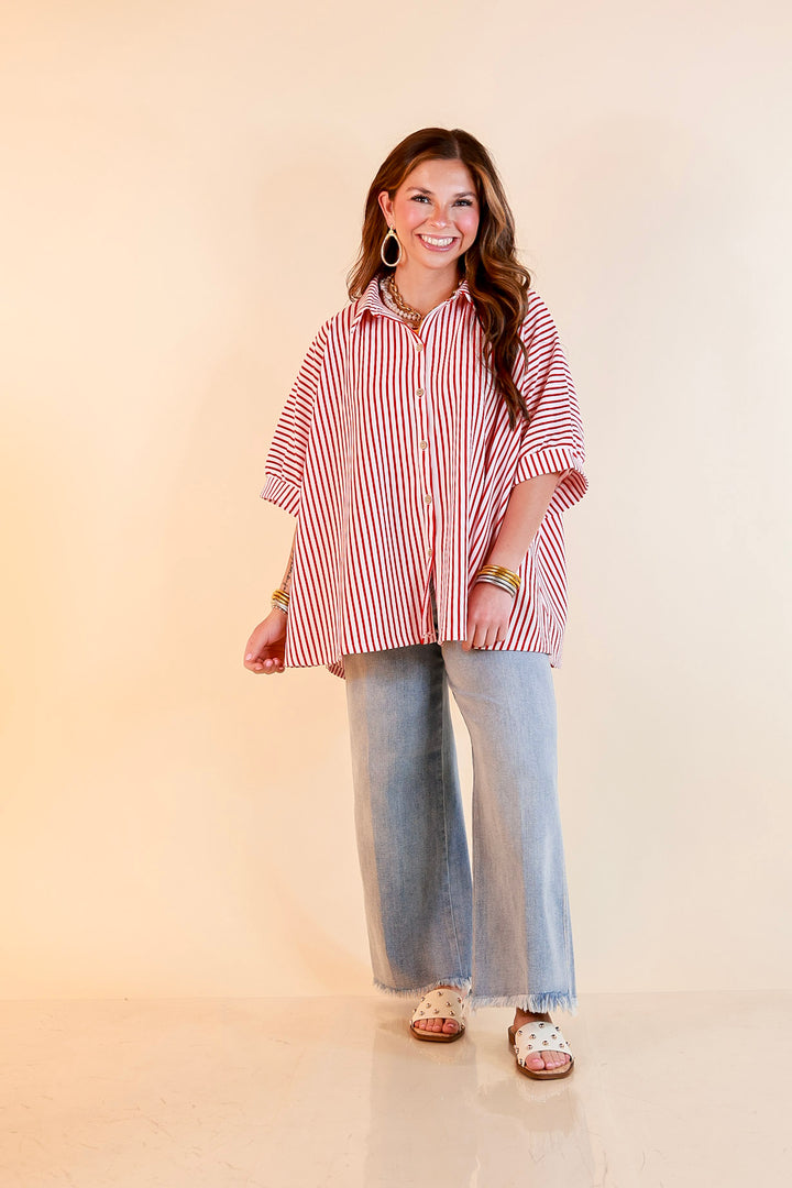 Effortlessly Aligned Button Down Collared Top with Vertical Ivory Stripe Detail in Red