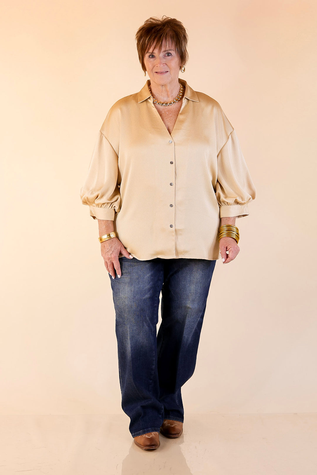 Sweet Notion Button Up 3/4 Balloon Sleeve Top in Gold