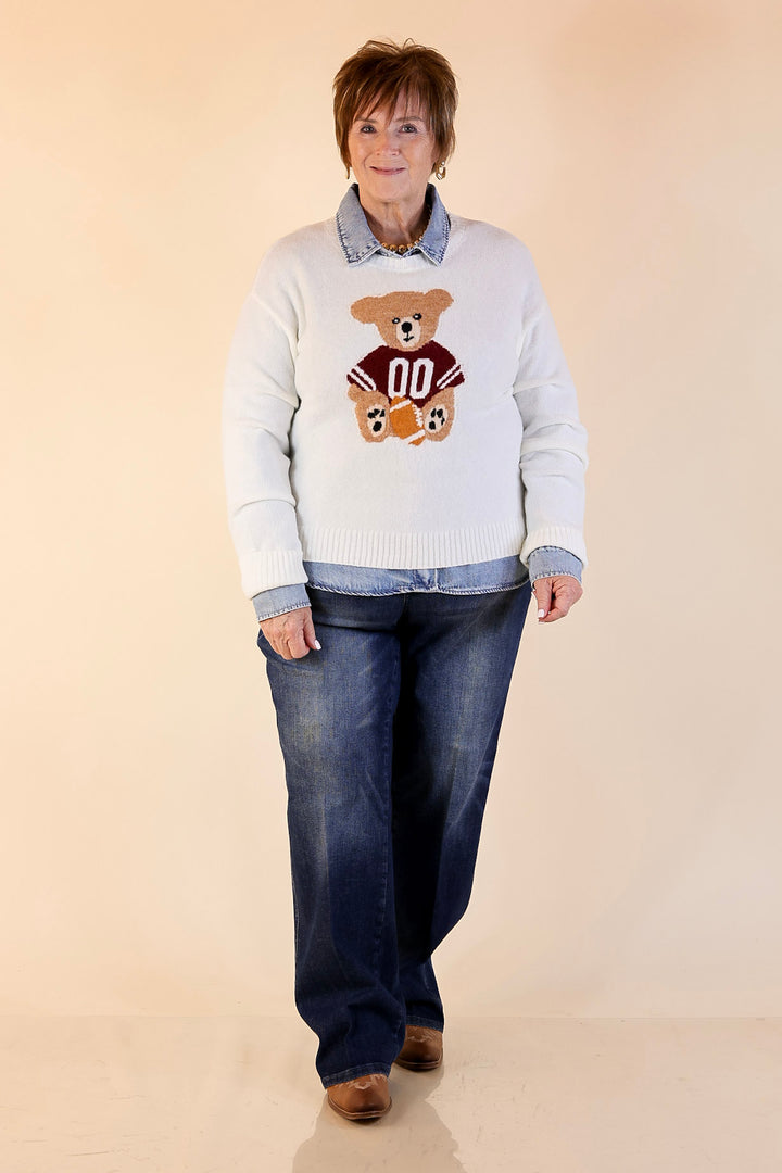 Simply Southern | Finest Touch Crewneck Sweater with Football Teddy Bear Graphic in Cream