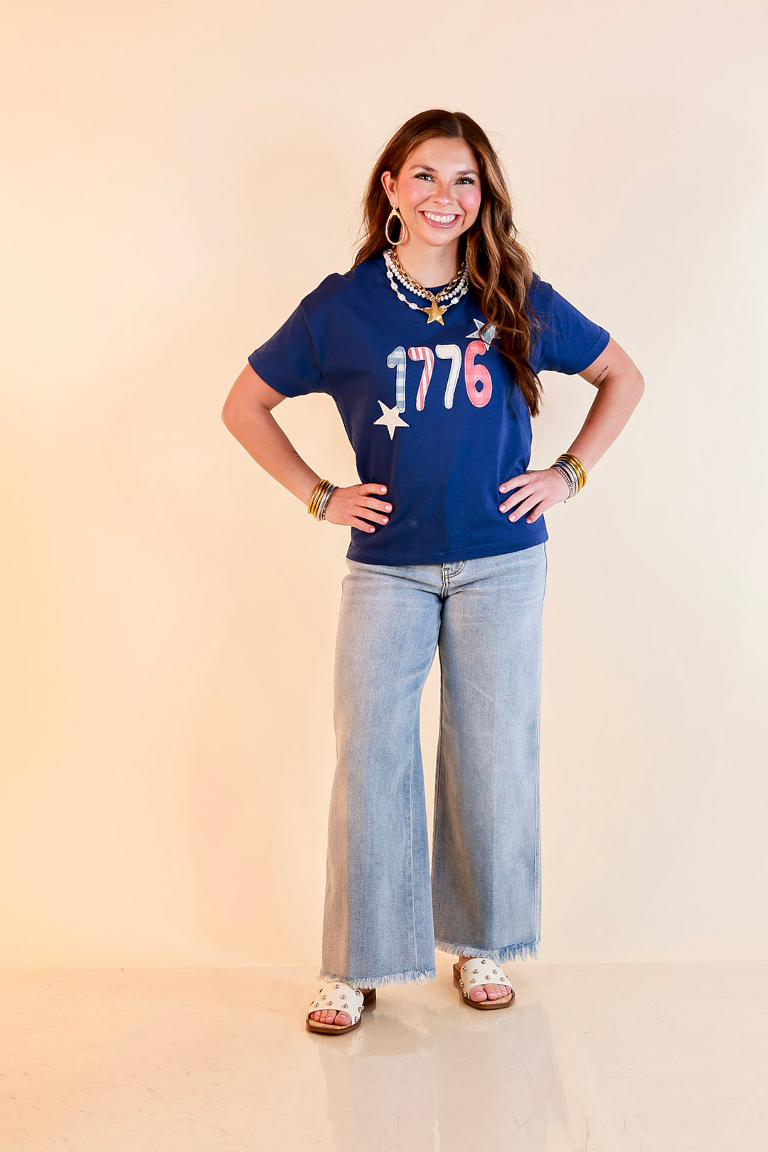 Simply Southern | American It Girl Short Sleeve Graphic Tee with 1776 Applique in Navy Blue