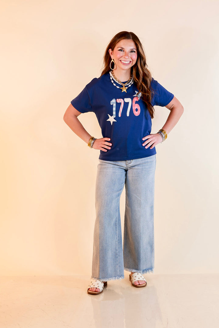 Simply Southern | American It Girl Short Sleeve Graphic Tee with 1776 Applique in Navy Blue