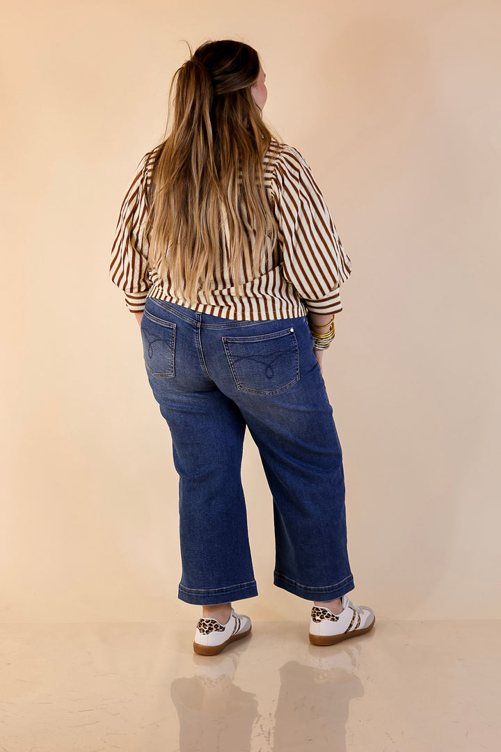 The Bold Type Striped Long Sleeve Button-Up Top in White with Chocolate Brown Stripes