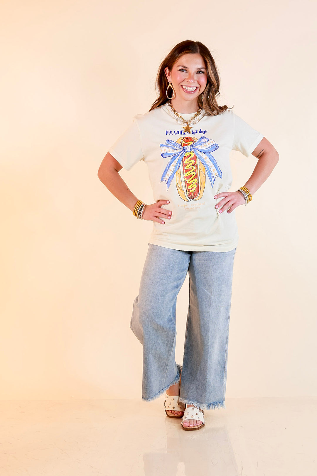 Simply Southern | Star Spangled Snack Graphic T-Shirt with Hot Dog Bow Design in Ivory
