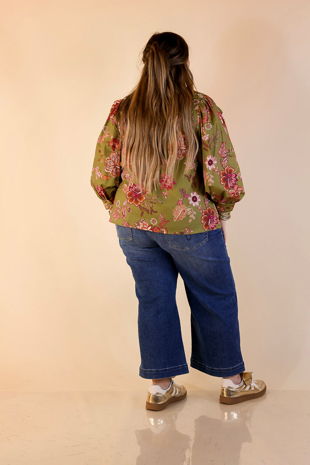 Autumn Allure Floral Long Sleeve Top with Contrast Trim in Olive Green