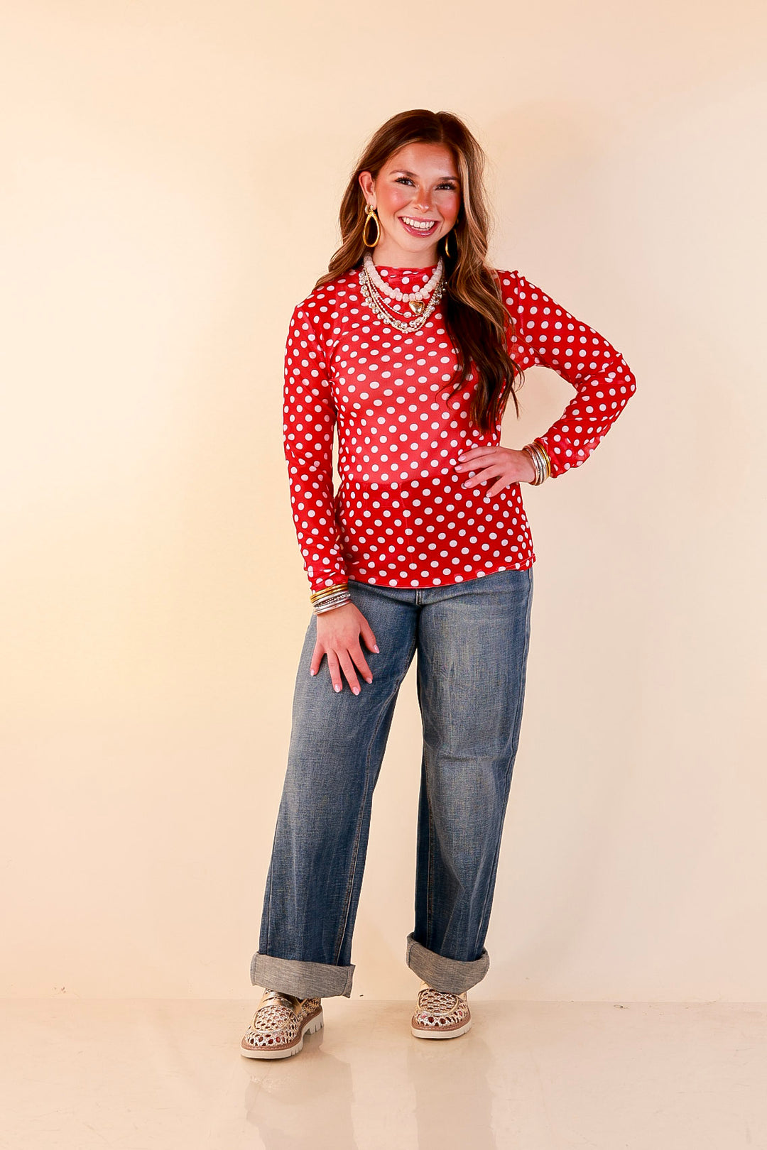 The Perfect Layer White Polka Dot Print Sheer Mesh Long Sleeve Top in Red