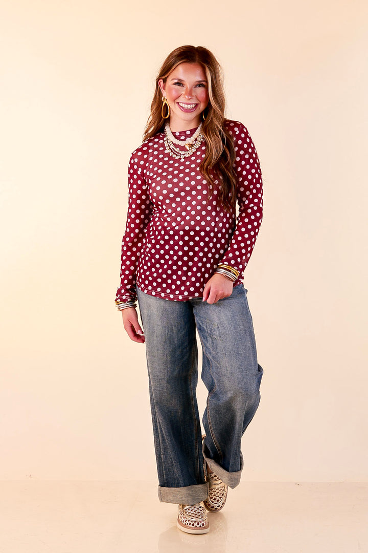 The Perfect Layer White Polka Dot Print Sheer Mesh Long Sleeve Top in Maroon