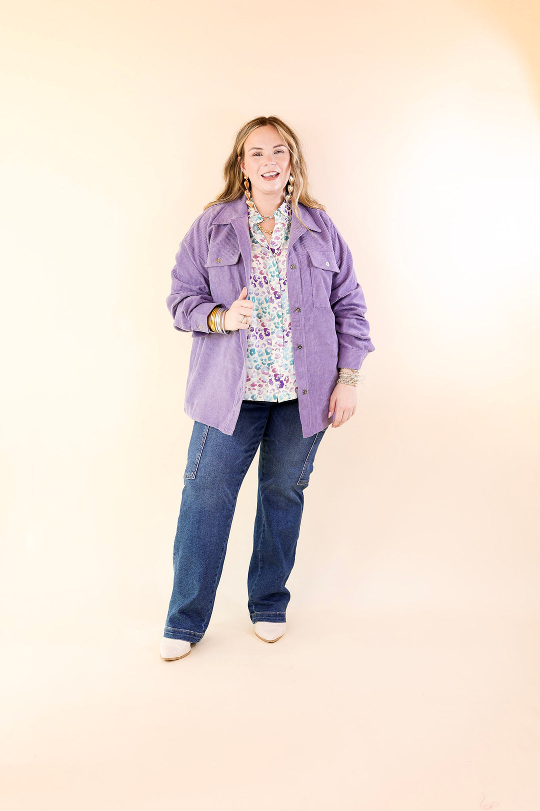 Latte Sips Button Up Corduroy Shacket in Dusty Purple