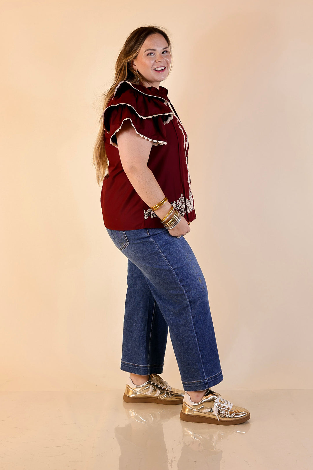 Graceful Details Embroidered Short Sleeve Top with Layered Flutter Sleeves in Maroon