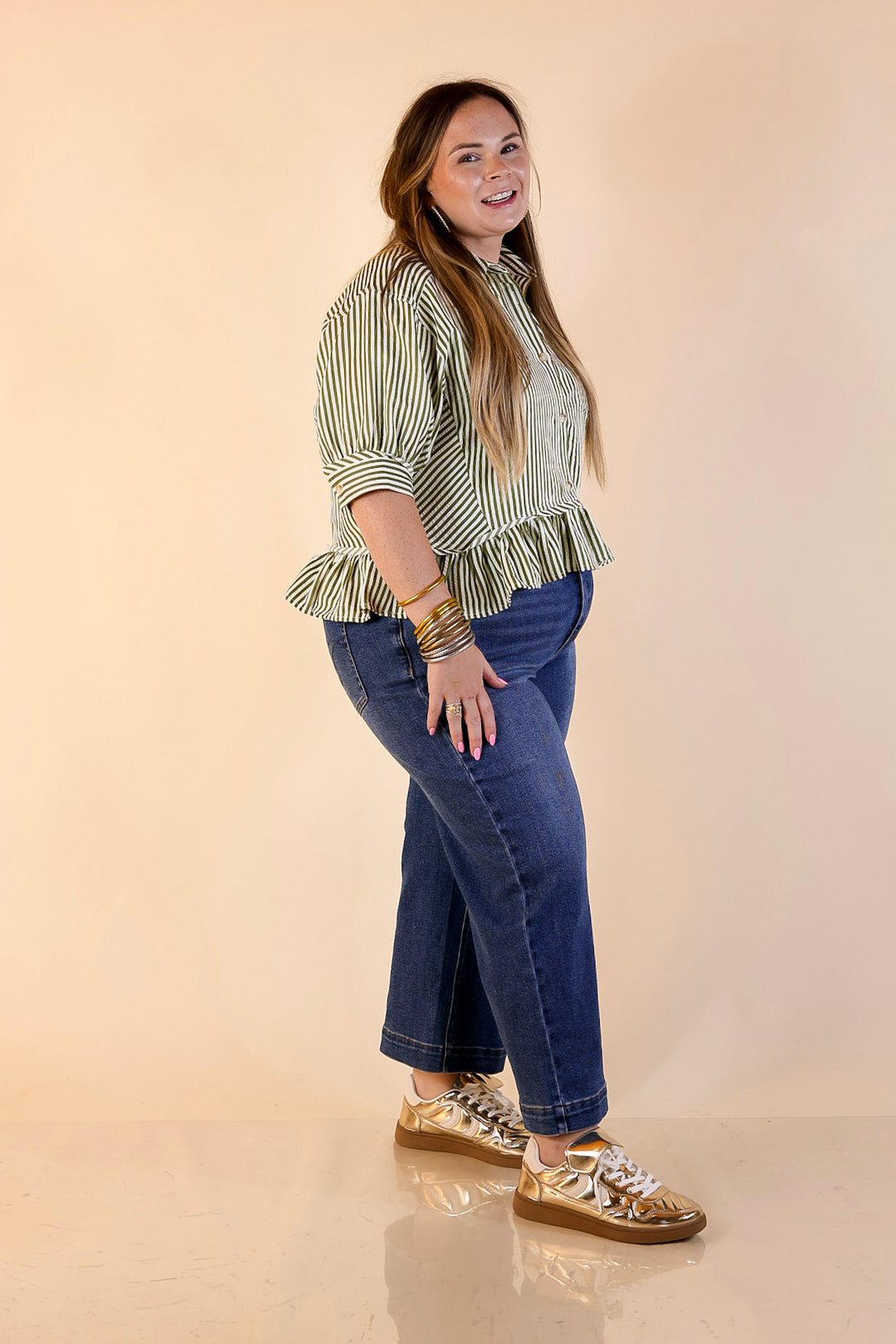 Style Agenda Striped Button Down Collared Top with Ruffle Peplum in Olive Green