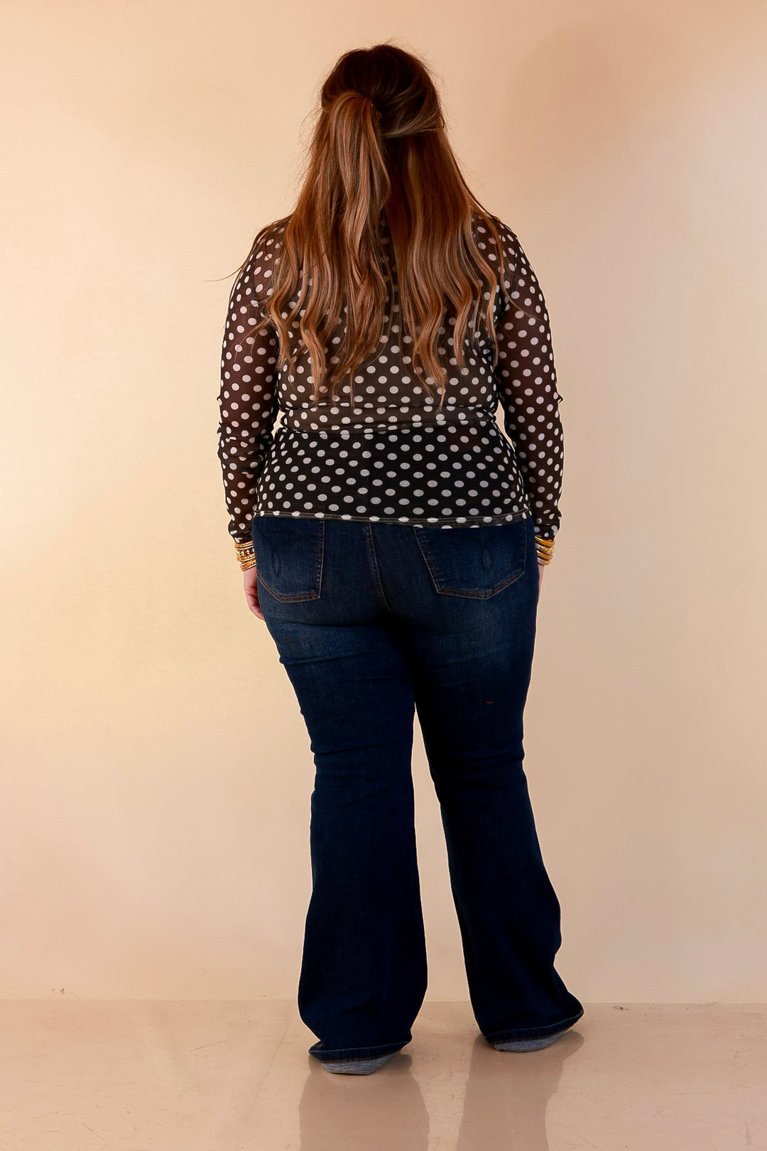 The Perfect Layer White Polka Dot Print Sheer Mesh Long Sleeve Top in Olive Green