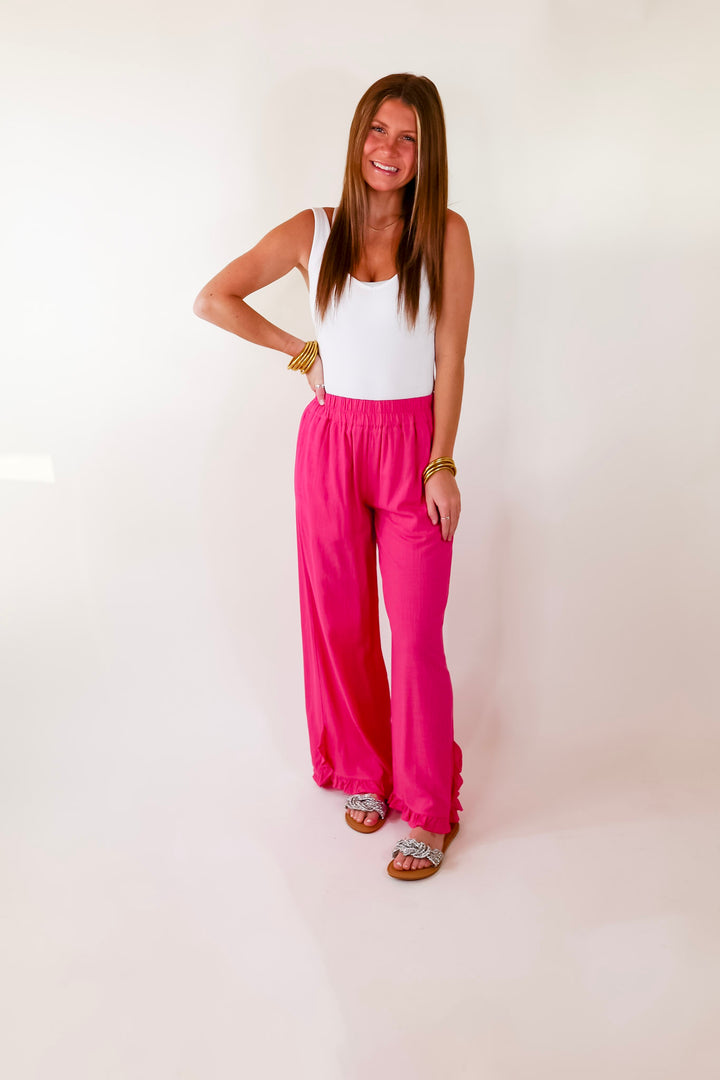 My Spotlight Ruffled Hem Linen Pants in Hot Pink - Giddy Up Glamour Boutique