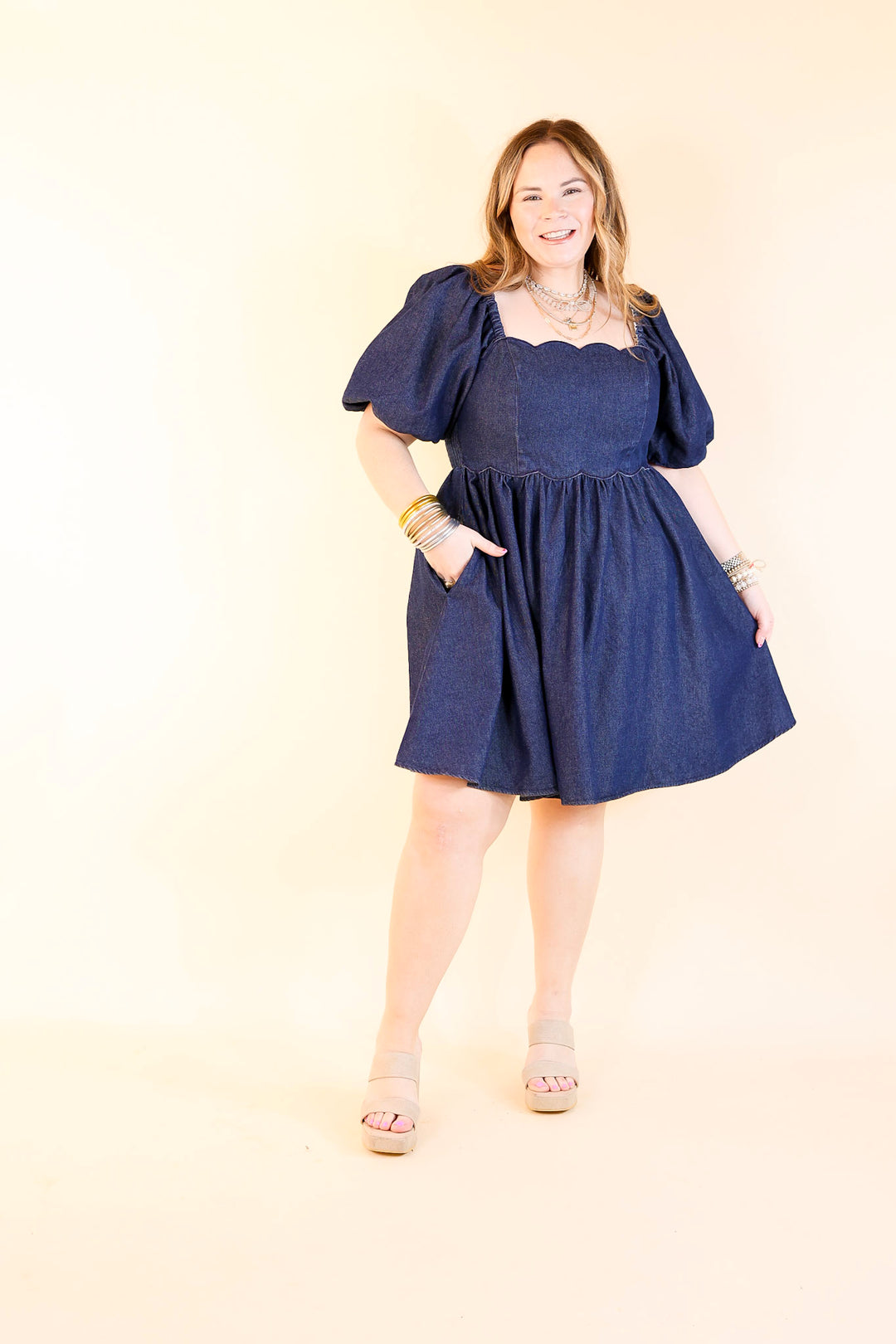Southern Belle Short Puff Sleeve Denim Dress with Scalloped Square Neckline in Dark Wash