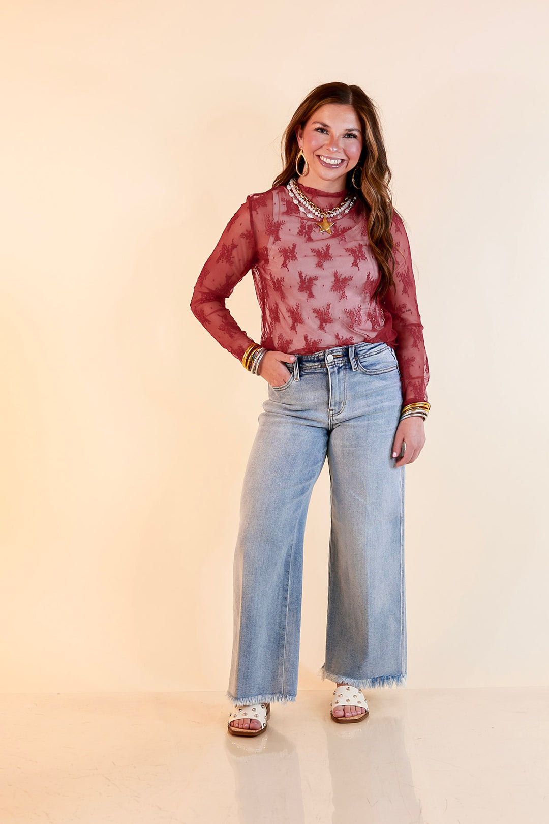 Delicate Charm Long Sleeve Sheer Lace Top with Mock Neck in Maroon