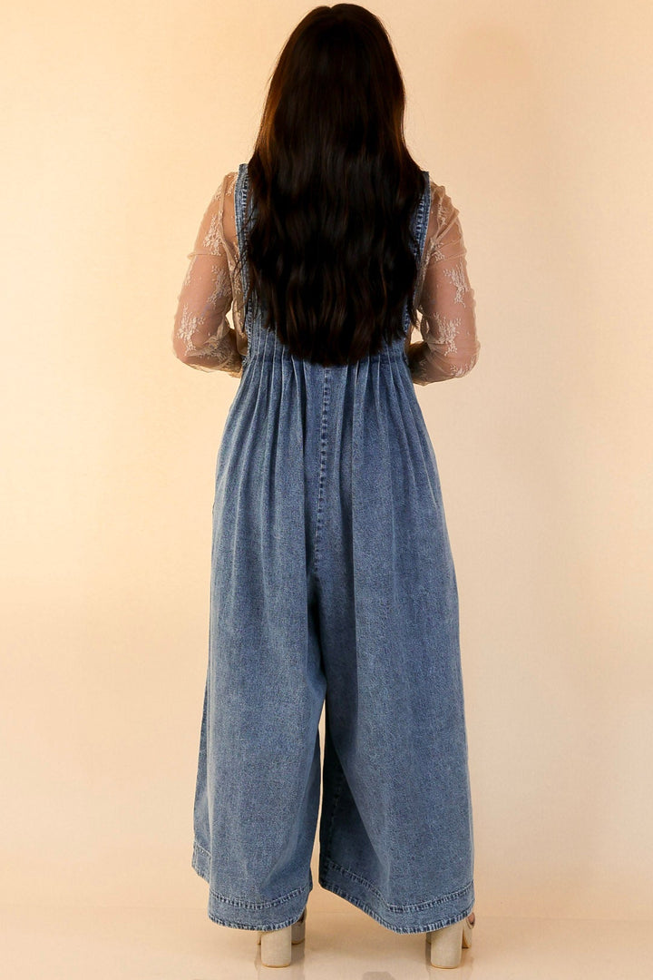Breezy Beauty Wide Leg Denim Jumpsuit with Pockets