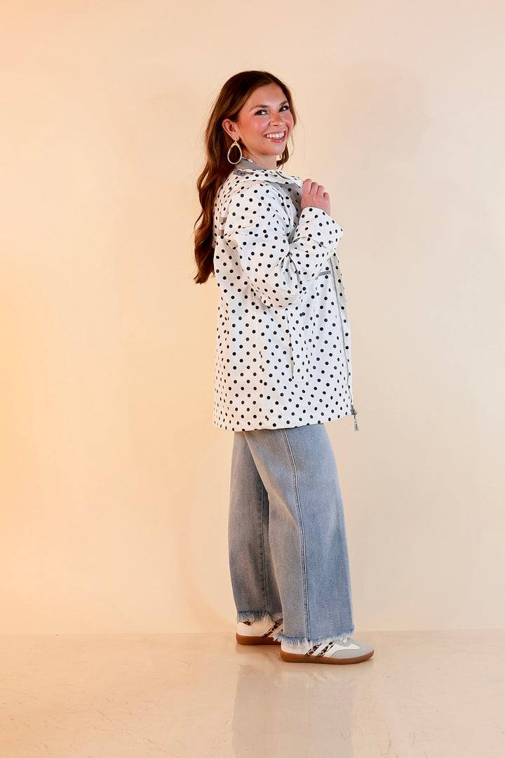 Lulu Mac | Chic Forecast Black Polka Dot Hooded Rain Jacket in Ivory