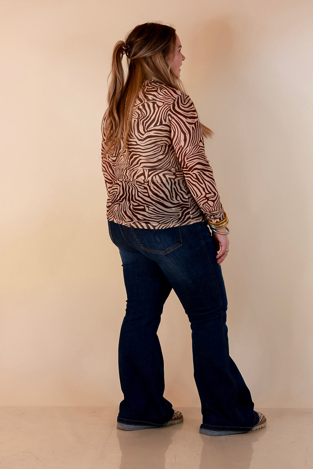 The Perfect Layer Zebra Print Sheer Mesh Long Sleeve Top in Chocolate Brown and Ivory