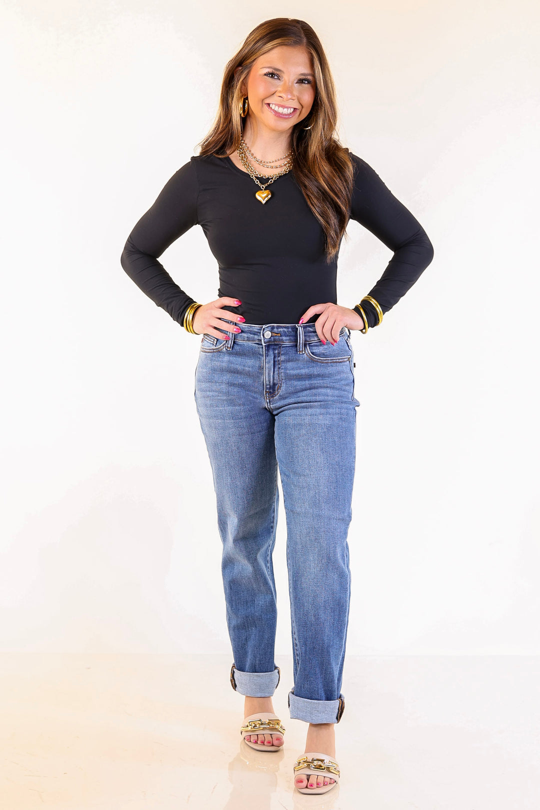 Judy Blue | Simple Sophistication Classic Cuffed Boyfriend Denim Jeans in Medium Wash
