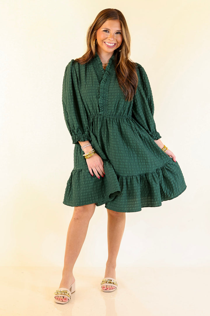 Call Me Captivating Dress with Smocked Waist and Long Sleeves Sleeves in Emerald Green