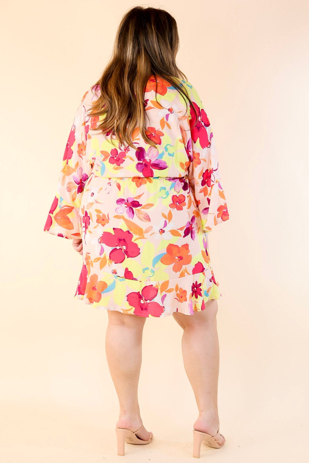 Super Chic Floral Ruffle Sleeve V Neck Dress with Waist Tie in Blush Pink