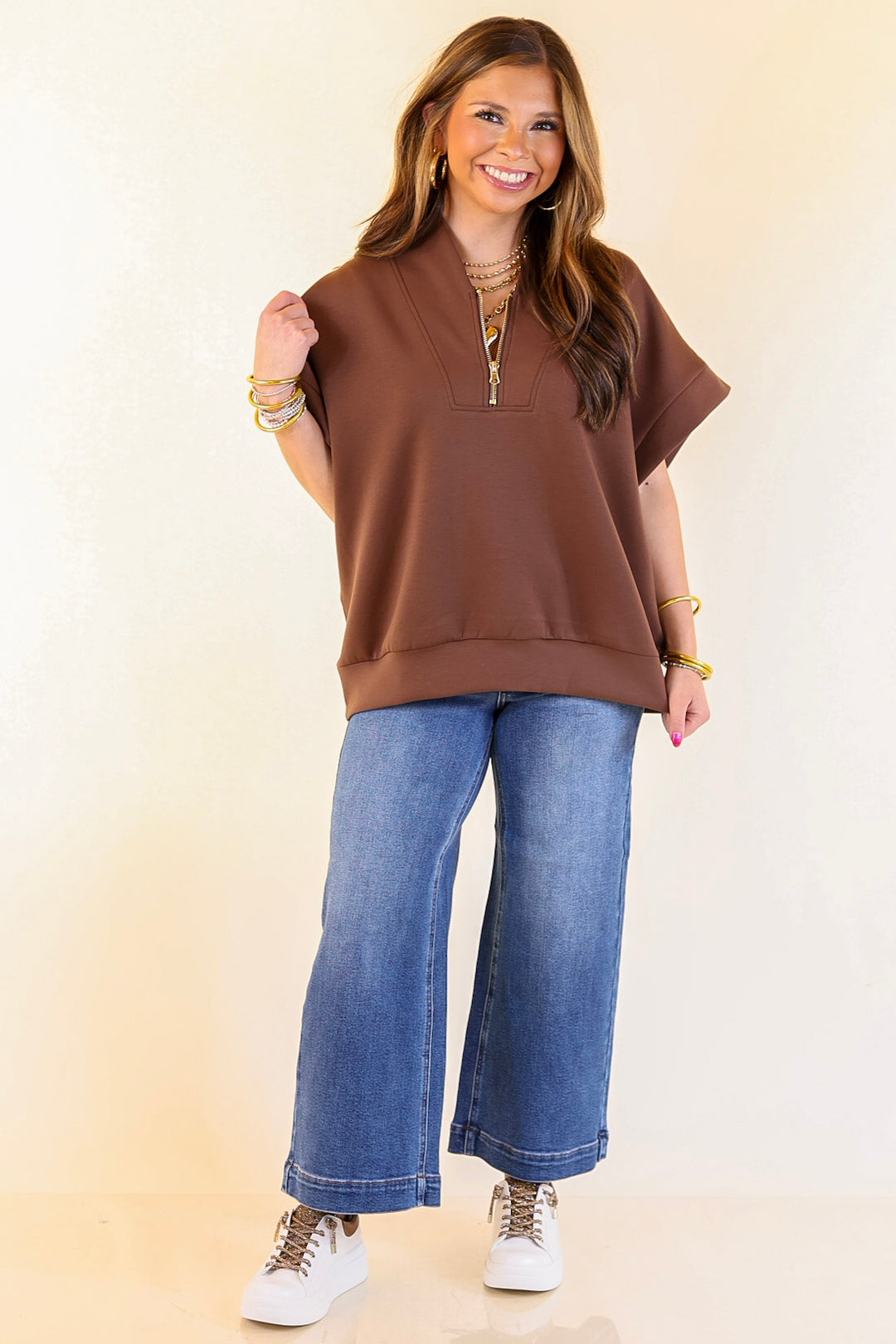 Top Priority Half Zip Collared Scuba Top in Chocolate Brown