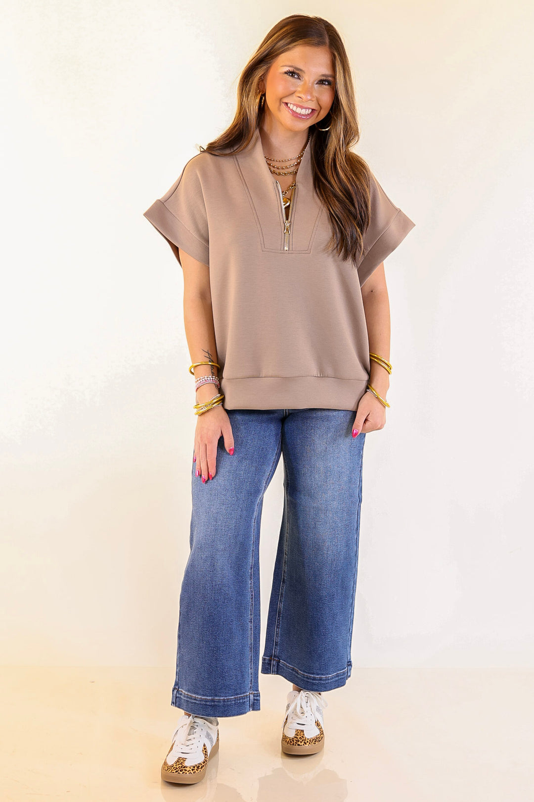 Top Priority Half Zip Collared Scuba Top in Light Taupe