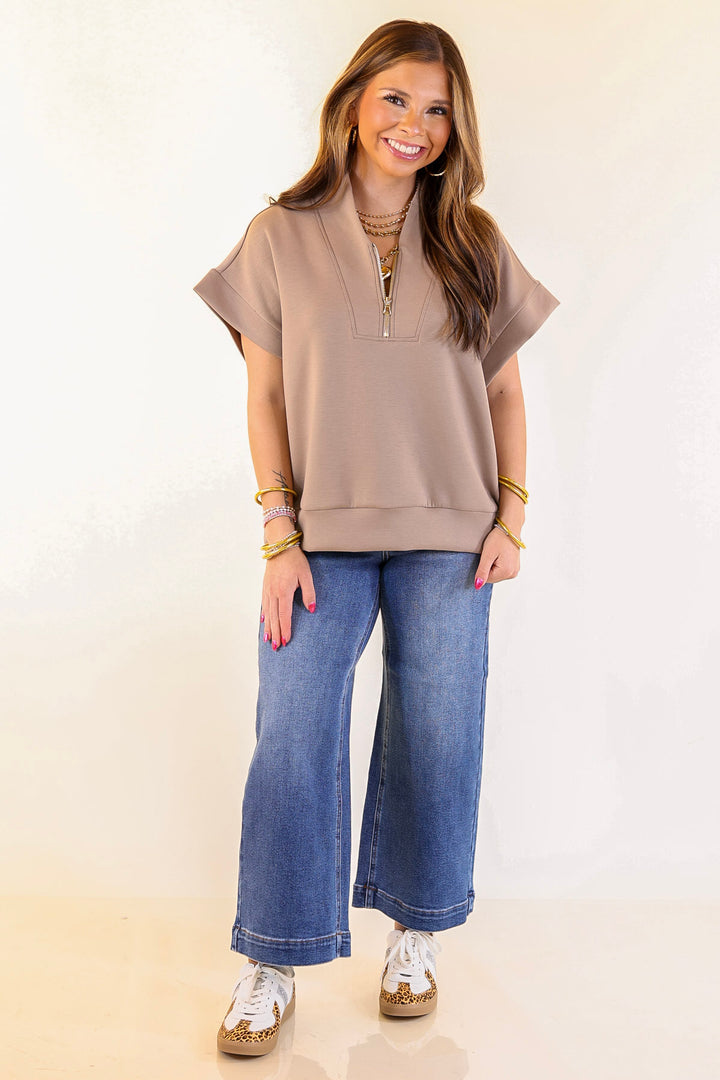 Top Priority Half Zip Collared Scuba Top in Light Taupe