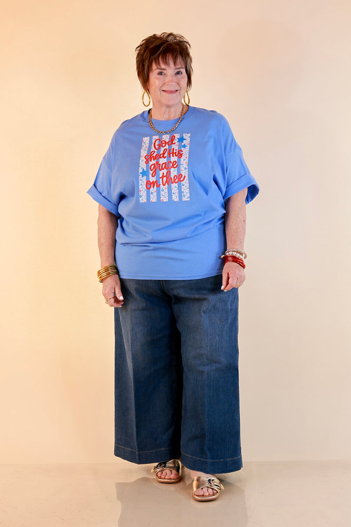 Grace Upon Grace Short Sleeve Graphic Tee with Floral Detailing in Sky Blue