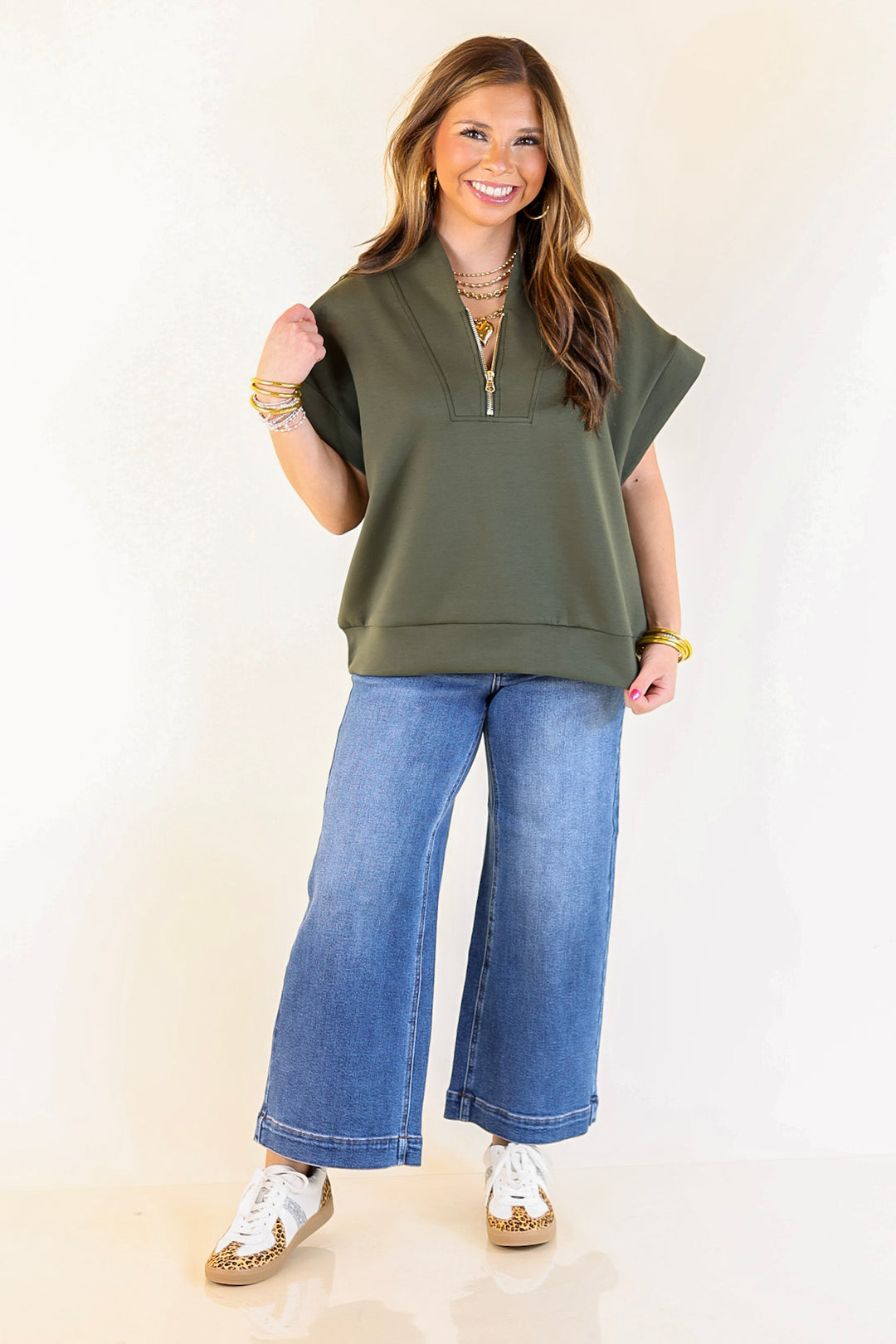 Top Priority Half Zip Collared Scuba Top in Olive Green