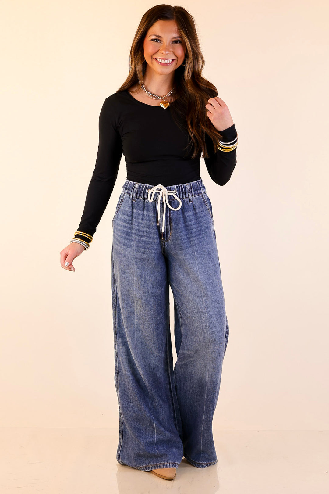 Judy Blue | Made to Move Wide Leg Palazzo Featherweight Elastic Waistband Jeans in Dark Wash