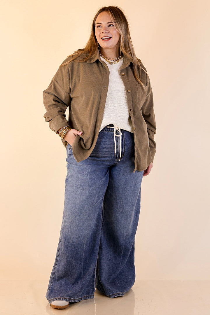 Captivating Cuteness Corduroy Button Up Shacket in Olive Green