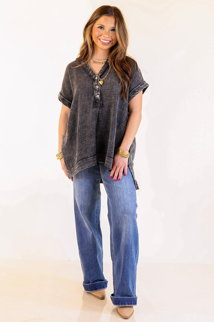 Simple Statement Quarter Button Up Short Drop Sleeve Shirt in Black